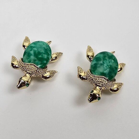 Vintage Gerry's Turtle Scatter Pin Marble Green Glass Stone Rhinestone Eye Set 2 - Picture 1 of 9